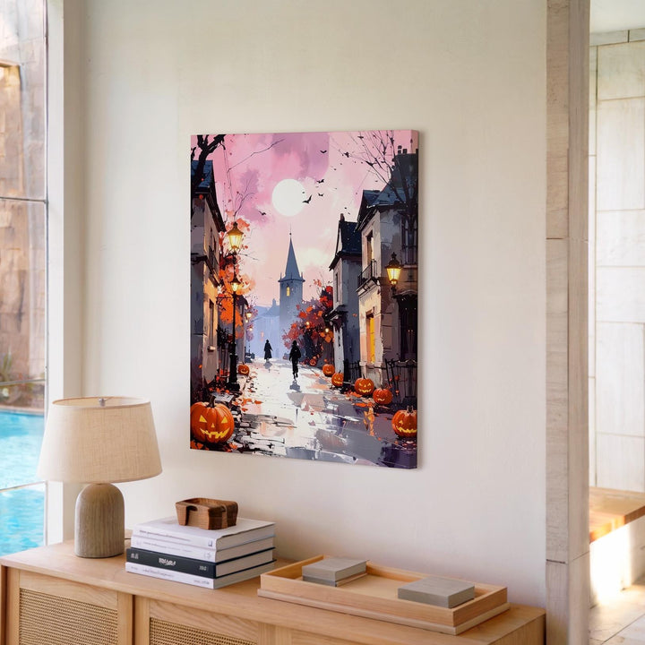 Halloween Village Stroll Canvas – Pink Dusk & Pumpkin Street Wall Art - Gifitto