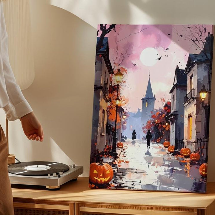 Halloween Village Stroll Canvas – Pink Dusk & Pumpkin Street Wall Art - Gifitto