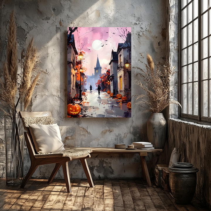 Halloween Village Stroll Canvas – Pink Dusk & Pumpkin Street Wall Art - Gifitto