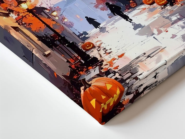 Halloween Village Stroll Canvas – Pink Dusk & Pumpkin Street Wall Art - Gifitto