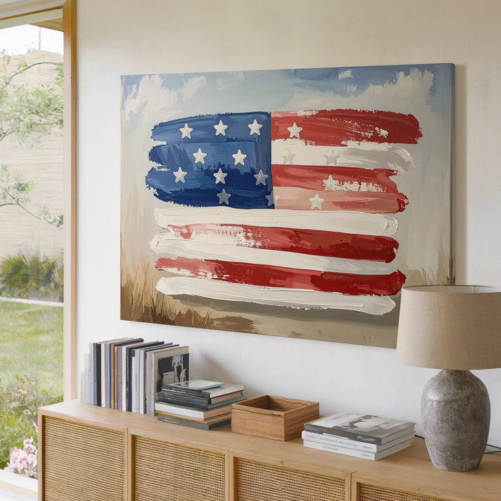 Hand-Painted Abstract Flag Canvas – Rustic Brushstroke Americana Wall Art - Gifitto
