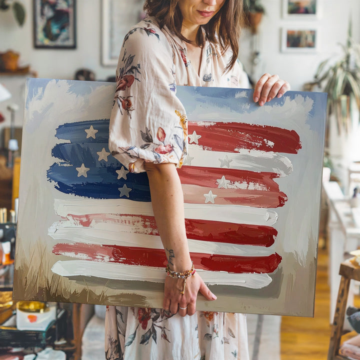 Hand-Painted Abstract Flag Canvas – Rustic Brushstroke Americana Wall Art - Gifitto