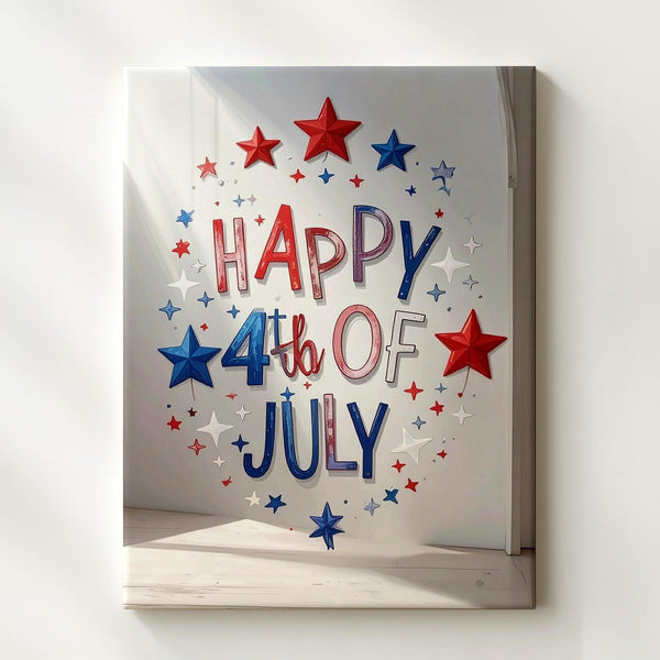 Happy 4th of July Script Canvas – Playful Patriotic Wall Art with Stars - Gifitto