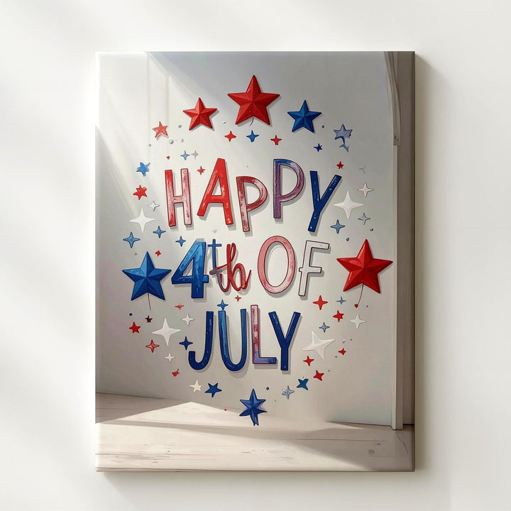 Happy 4th of July Script Canvas – Playful Patriotic Wall Art with Stars - Gifitto