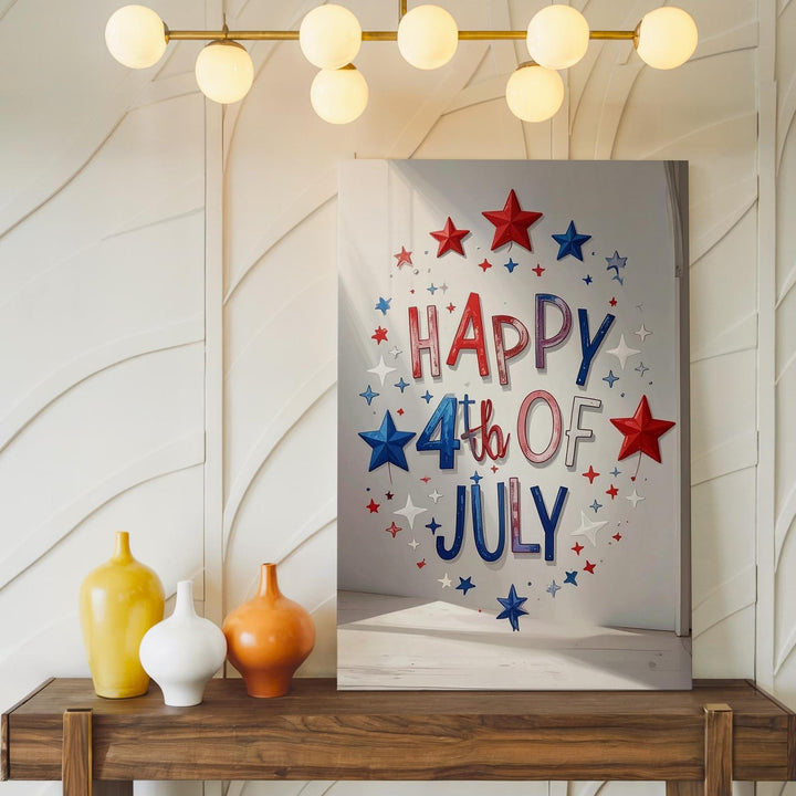 Happy 4th of July Script Canvas – Playful Patriotic Wall Art with Stars - Gifitto