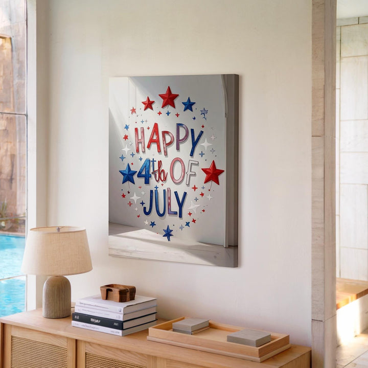 Happy 4th of July Script Canvas – Playful Patriotic Wall Art with Stars - Gifitto