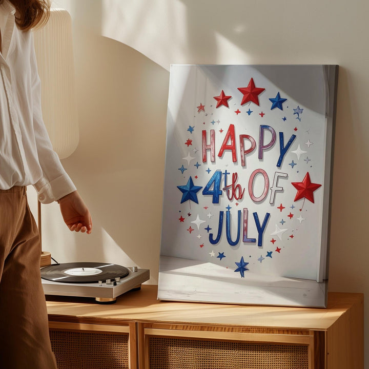 Happy 4th of July Script Canvas – Playful Patriotic Wall Art with Stars - Gifitto