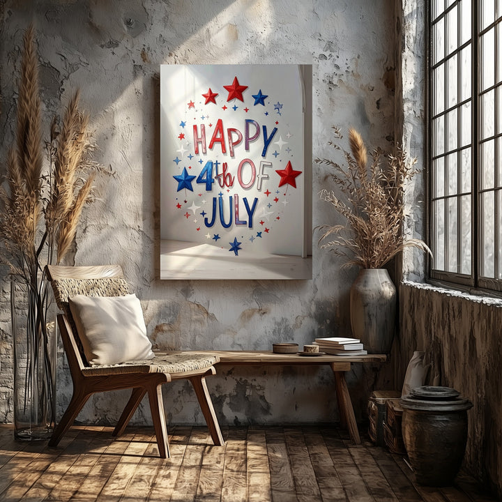 Happy 4th of July Script Canvas – Playful Patriotic Wall Art with Stars - Gifitto