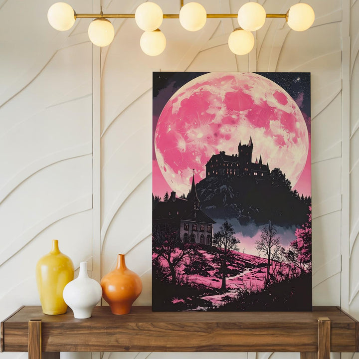 Haunted Castle Canvas – Pink Moon Fairy Tale Folklore Art - Gifitto