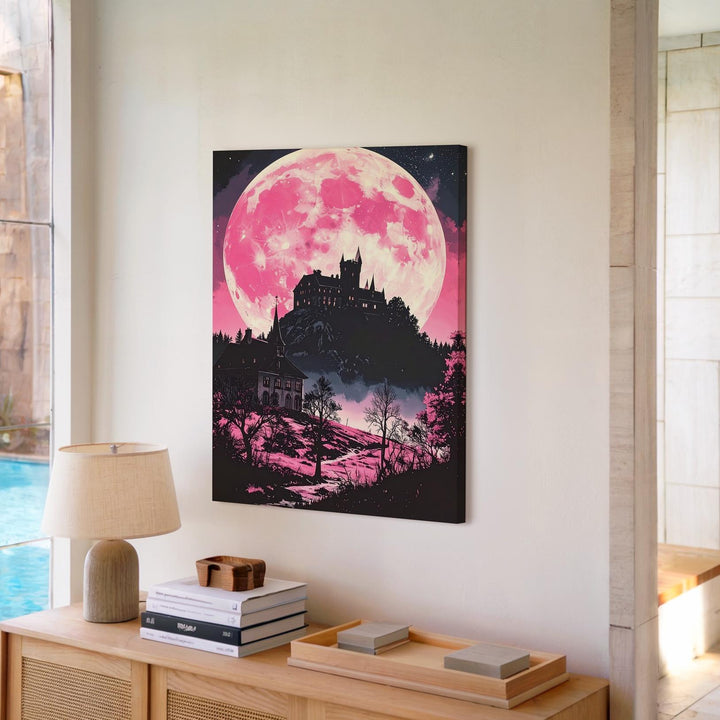 Haunted Castle Canvas – Pink Moon Fairy Tale Folklore Art - Gifitto