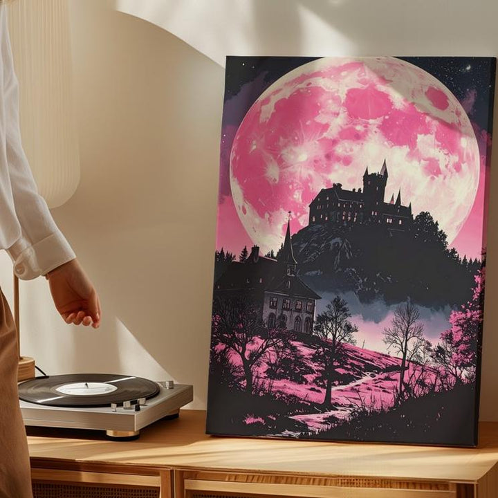 Haunted Castle Canvas – Pink Moon Fairy Tale Folklore Art - Gifitto
