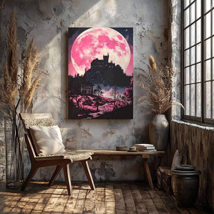 Haunted Castle Canvas – Pink Moon Fairy Tale Folklore Art - Gifitto