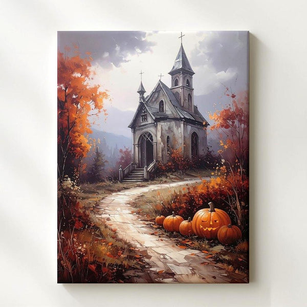 Haunted Chapel Autumn Path Canvas – Moody Halloween Landscape Wall Art - Gifitto