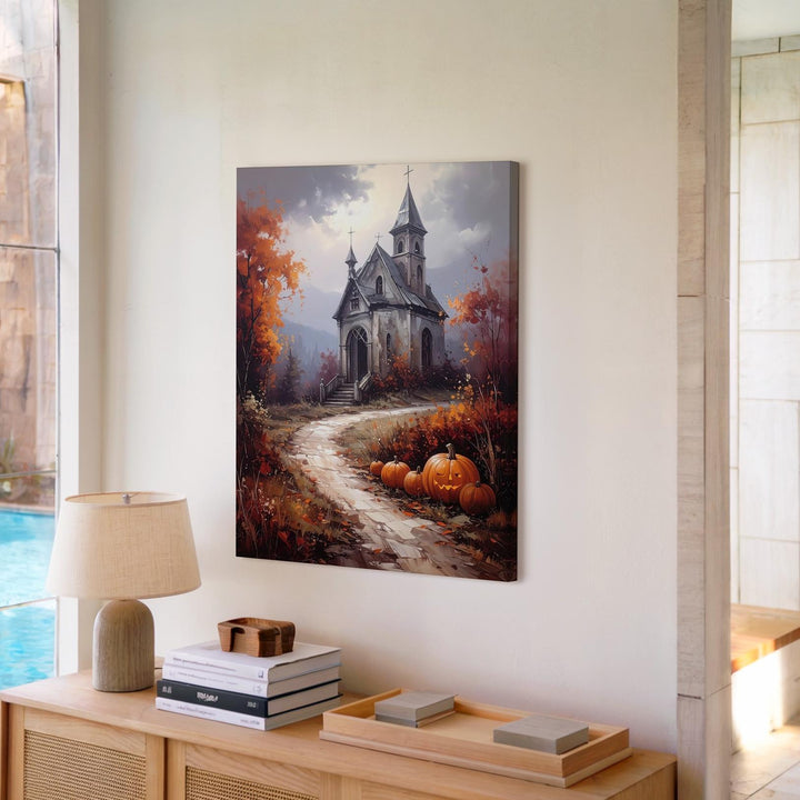 Haunted Chapel Autumn Path Canvas – Moody Halloween Landscape Wall Art - Gifitto