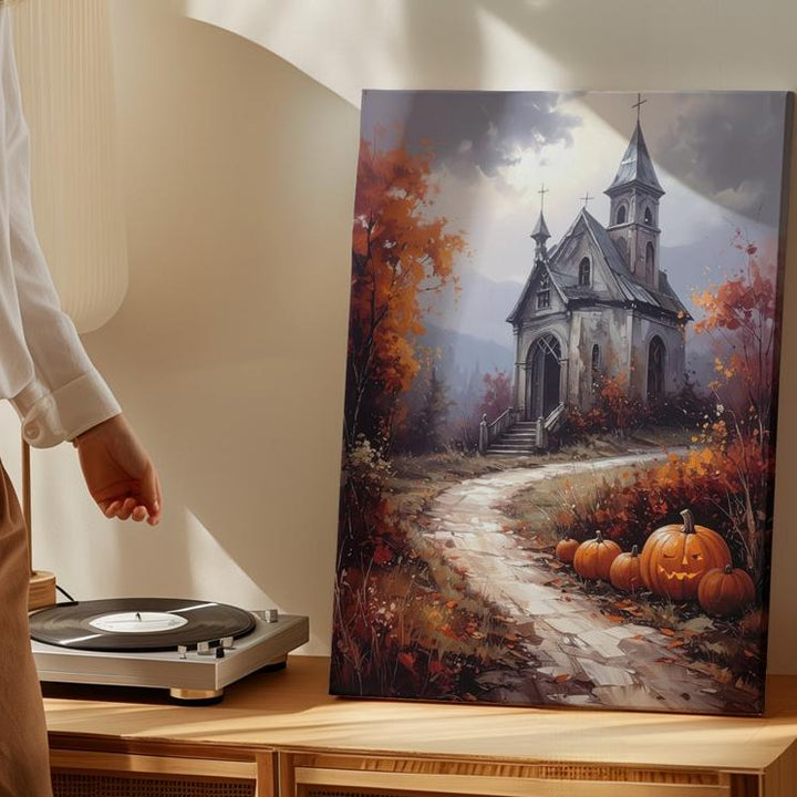Haunted Chapel Autumn Path Canvas – Moody Halloween Landscape Wall Art - Gifitto