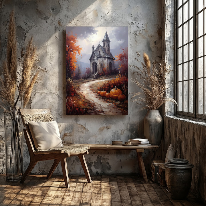 Haunted Chapel Autumn Path Canvas – Moody Halloween Landscape Wall Art - Gifitto