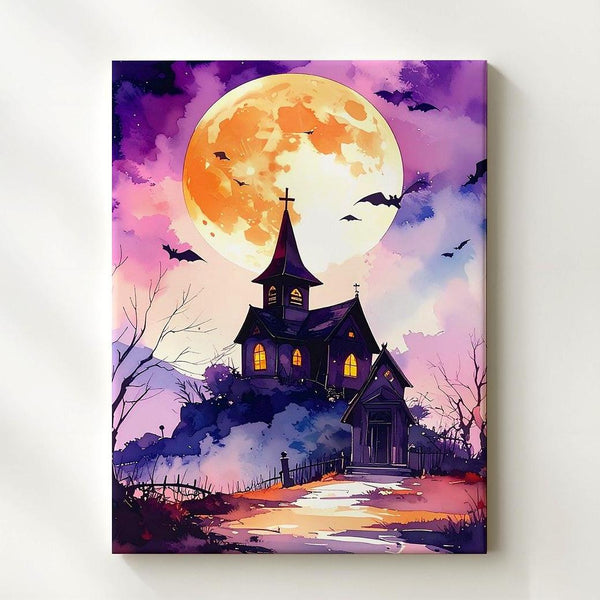 Haunted Hilltop Chapel Canvas – Dreamy Halloween Moon & Bats Art - Gifitto