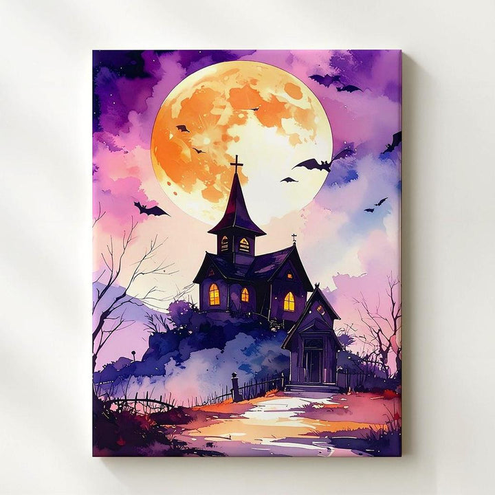 Haunted Hilltop Chapel Canvas – Dreamy Halloween Moon & Bats Art - Gifitto