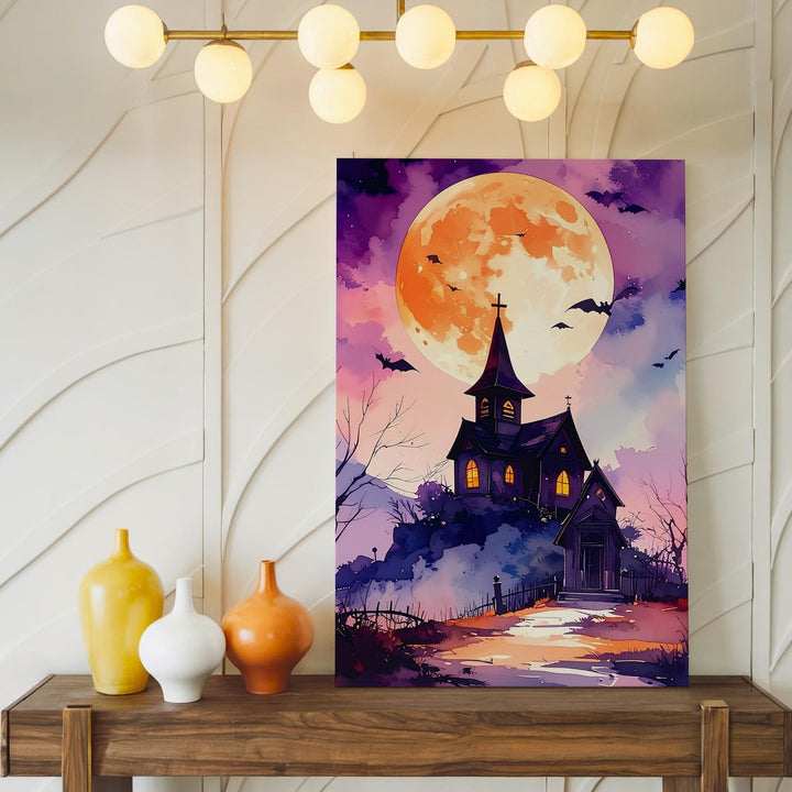 Haunted Hilltop Chapel Canvas – Dreamy Halloween Moon & Bats Art - Gifitto