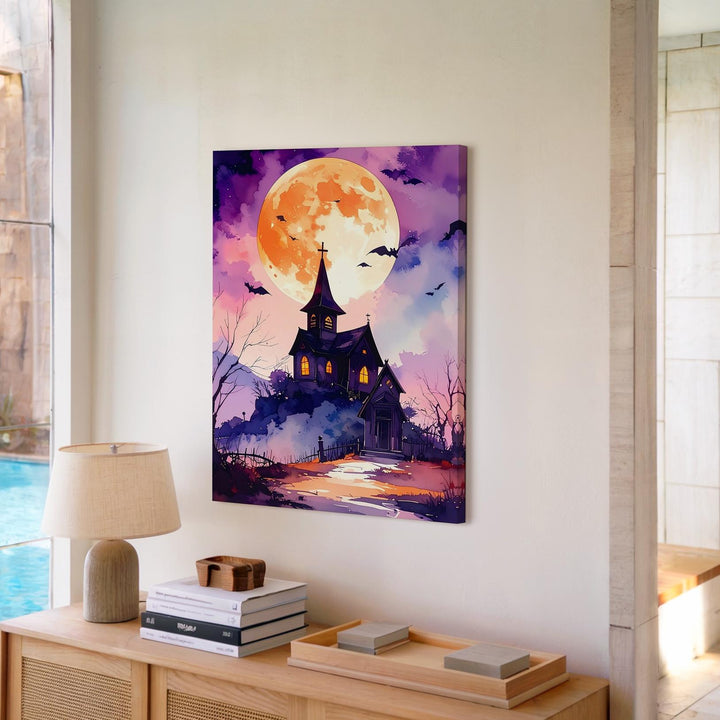 Haunted Hilltop Chapel Canvas – Dreamy Halloween Moon & Bats Art - Gifitto
