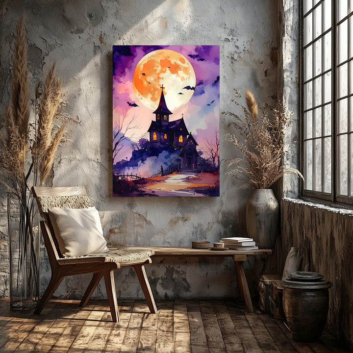 Haunted Hilltop Chapel Canvas – Dreamy Halloween Moon & Bats Art - Gifitto