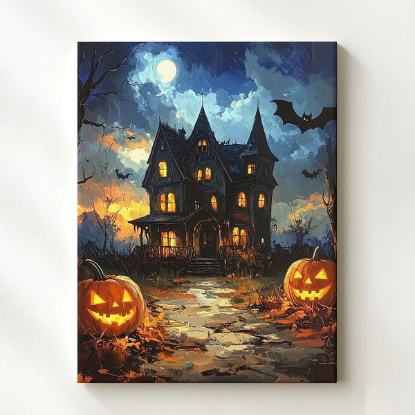 Twilight Haunted House Canvas – Glowing Jack-O'-Lanterns & Cobblestone Path Art - Gifitto