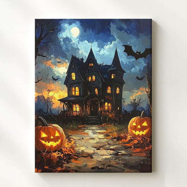 Twilight Haunted House Canvas – Glowing Jack-O'-Lanterns & Cobblestone Path Art - Gifitto