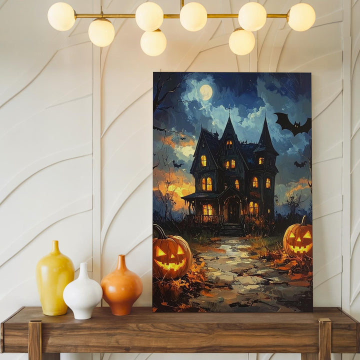 Twilight Haunted House Canvas – Glowing Jack-O'-Lanterns & Cobblestone Path Art - Gifitto