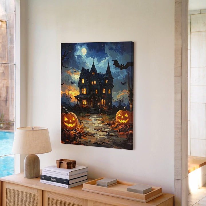 Twilight Haunted House Canvas – Glowing Jack-O'-Lanterns & Cobblestone Path Art - Gifitto