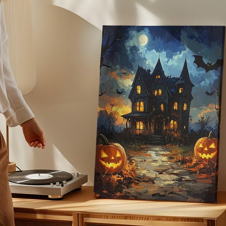 Twilight Haunted House Canvas – Glowing Jack-O'-Lanterns & Cobblestone Path Art - Gifitto