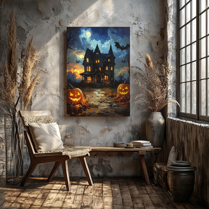 Twilight Haunted House Canvas – Glowing Jack-O'-Lanterns & Cobblestone Path Art - Gifitto