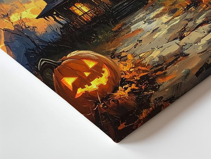 Twilight Haunted House Canvas – Glowing Jack-O'-Lanterns & Cobblestone Path Art - Gifitto