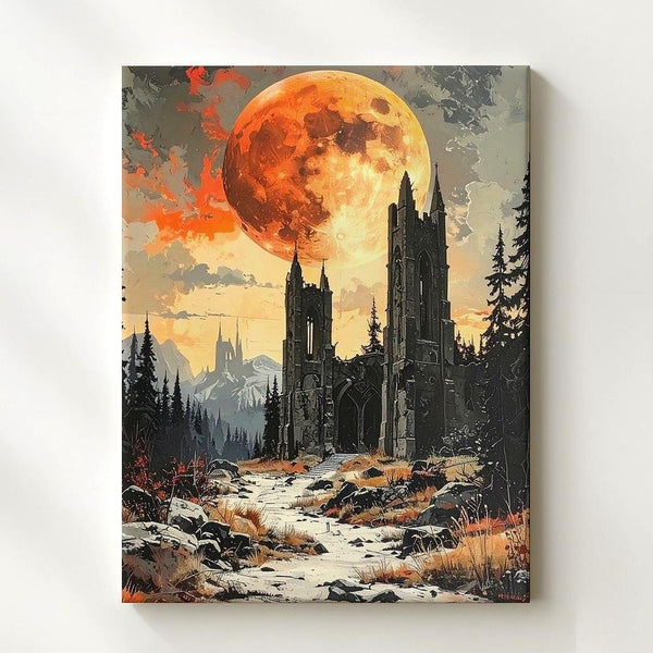 Burnt Moon Ruins Canvas – Gothic Fantasy Landscape with Orange Full Moon - Gifitto
