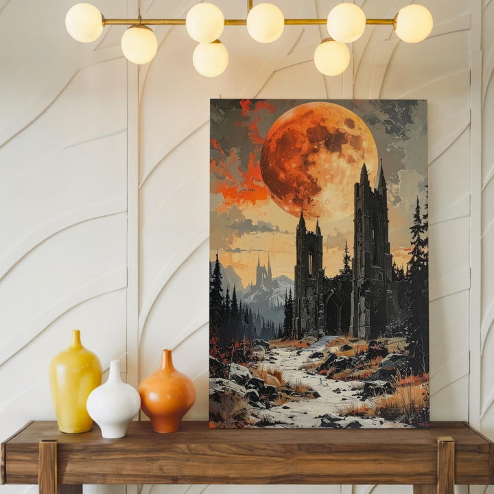Burnt Moon Ruins Canvas – Gothic Fantasy Landscape with Orange Full Moon - Gifitto