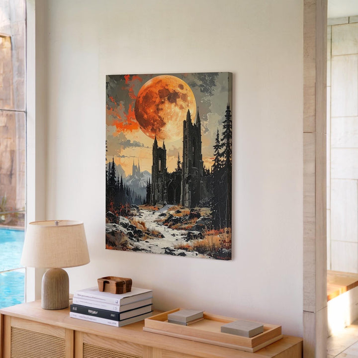 Burnt Moon Ruins Canvas – Gothic Fantasy Landscape with Orange Full Moon - Gifitto