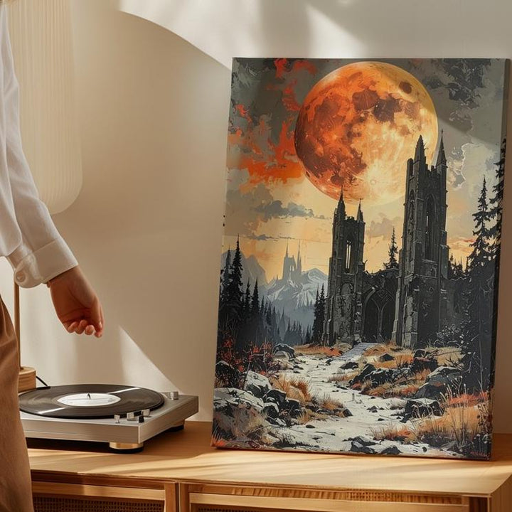 Burnt Moon Ruins Canvas – Gothic Fantasy Landscape with Orange Full Moon - Gifitto