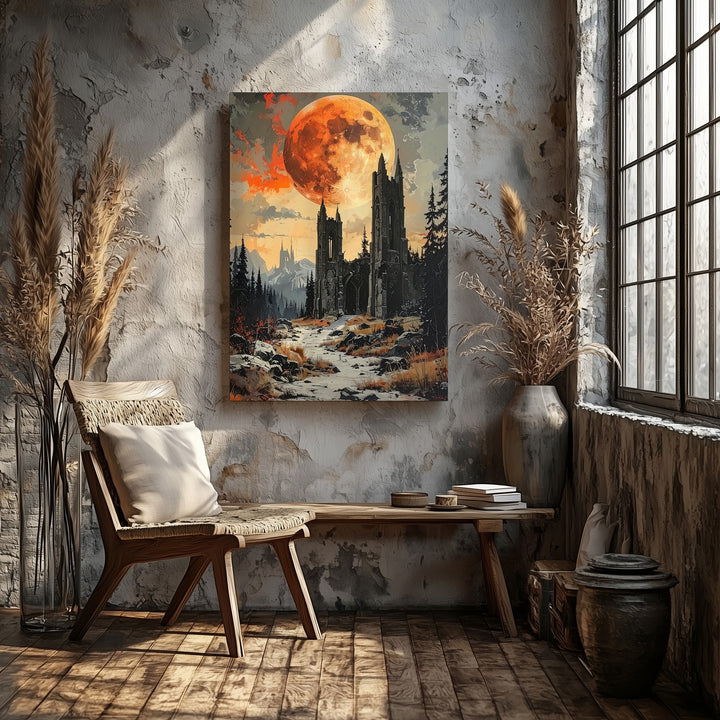 Burnt Moon Ruins Canvas – Gothic Fantasy Landscape with Orange Full Moon - Gifitto
