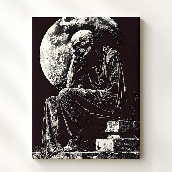 Cloaked Skeleton Under Moon Canvas – Gothic Monochrome Halloween Art - Gifitto