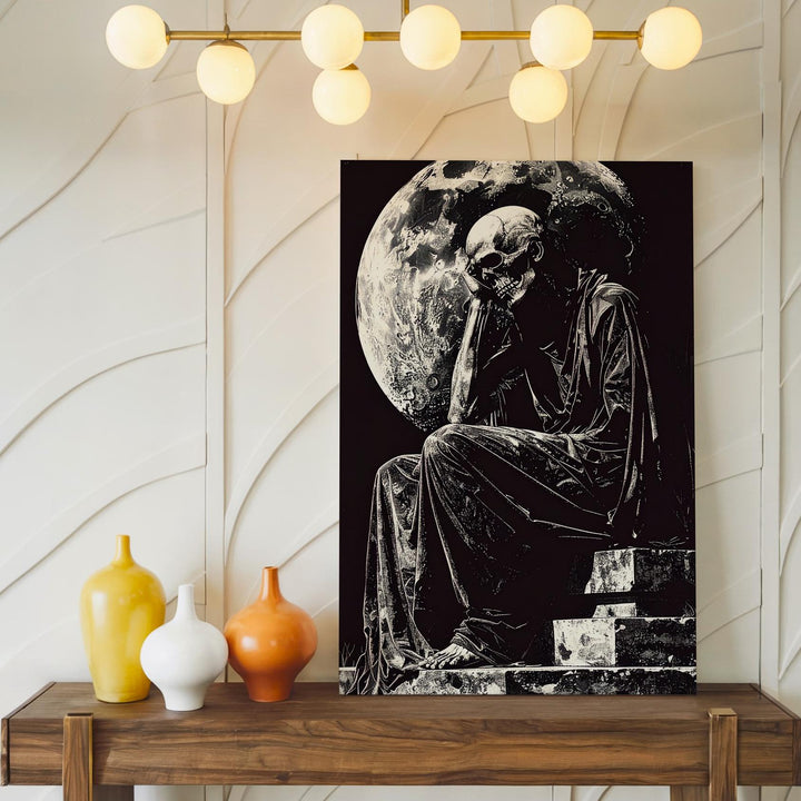 Cloaked Skeleton Under Moon Canvas – Gothic Monochrome Halloween Art - Gifitto