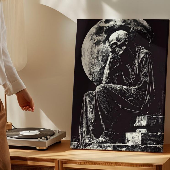 Cloaked Skeleton Under Moon Canvas – Gothic Monochrome Halloween Art - Gifitto