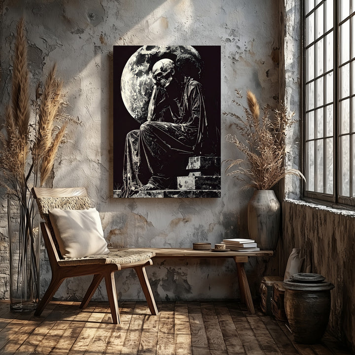 Cloaked Skeleton Under Moon Canvas – Gothic Monochrome Halloween Art - Gifitto