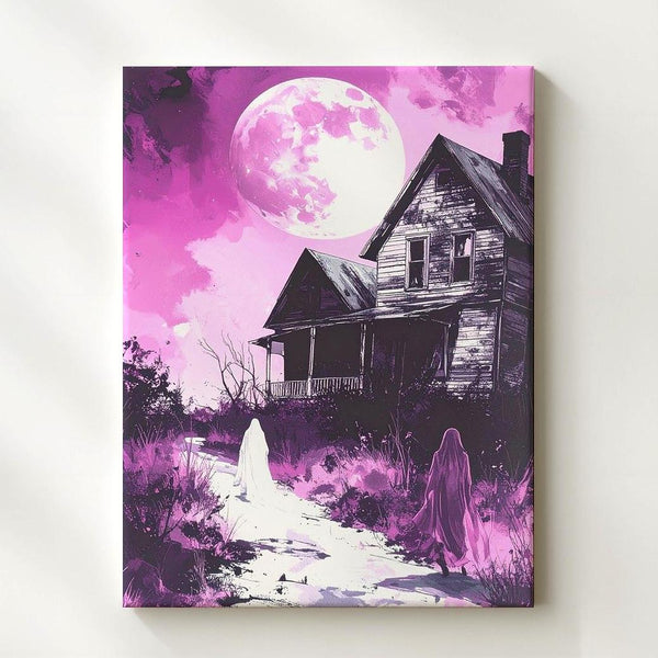 Ghost & Moonlit House Canvas – Haunting Pink Night Halloween Art - Gifitto