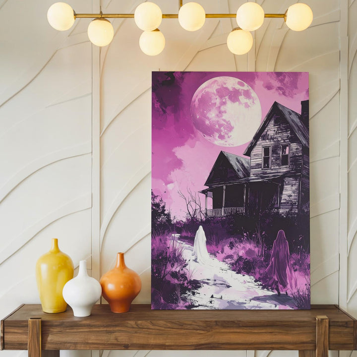 Ghost & Moonlit House Canvas – Haunting Pink Night Halloween Art - Gifitto