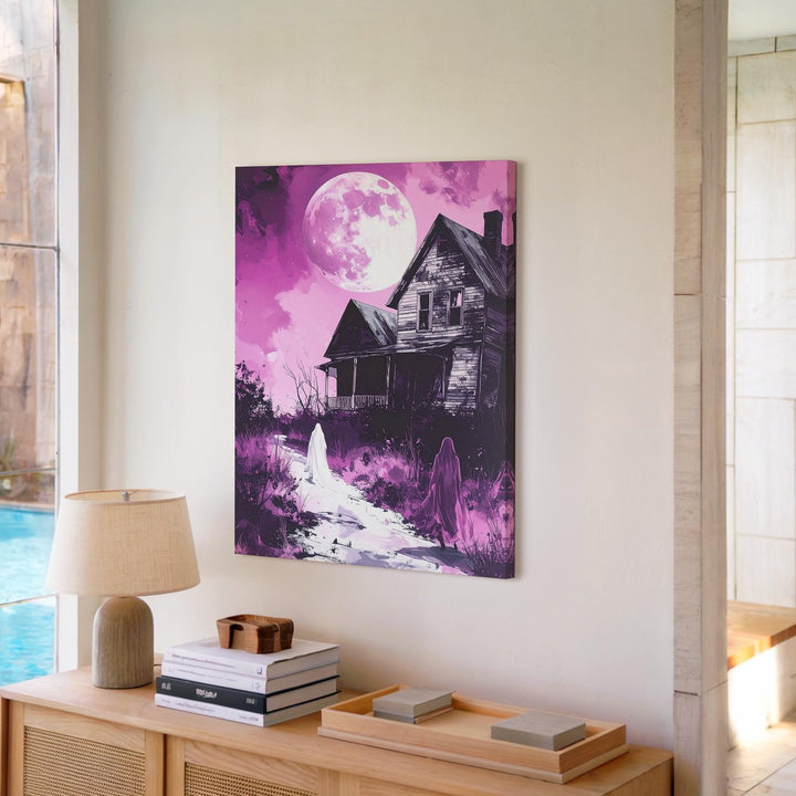 Ghost & Moonlit House Canvas – Haunting Pink Night Halloween Art - Gifitto