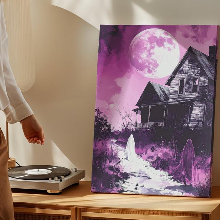 Ghost & Moonlit House Canvas – Haunting Pink Night Halloween Art - Gifitto