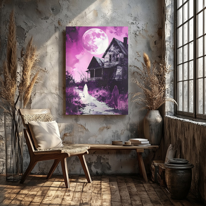Ghost & Moonlit House Canvas – Haunting Pink Night Halloween Art - Gifitto