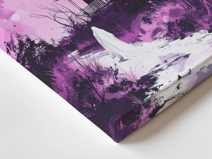 Ghost & Moonlit House Canvas – Haunting Pink Night Halloween Art - Gifitto