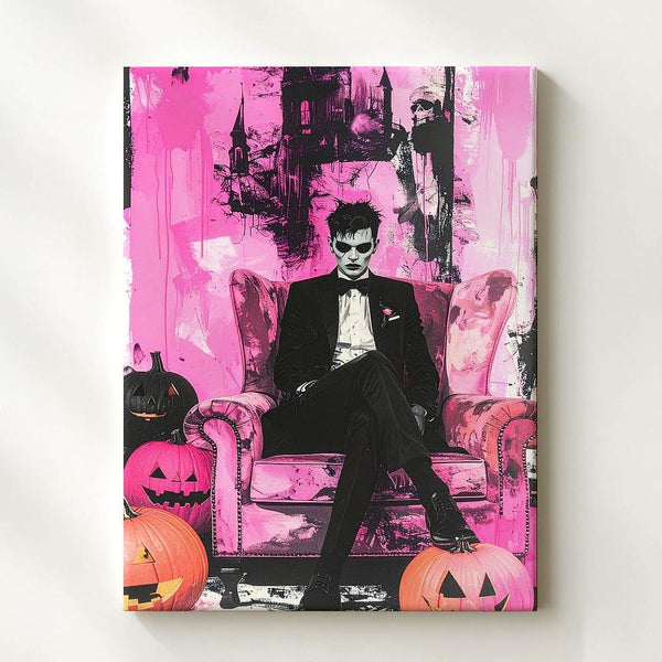 Gothic Halloween Portrait Canvas – Pink & Black Art with Jack-O’-Lanterns - Gifitto