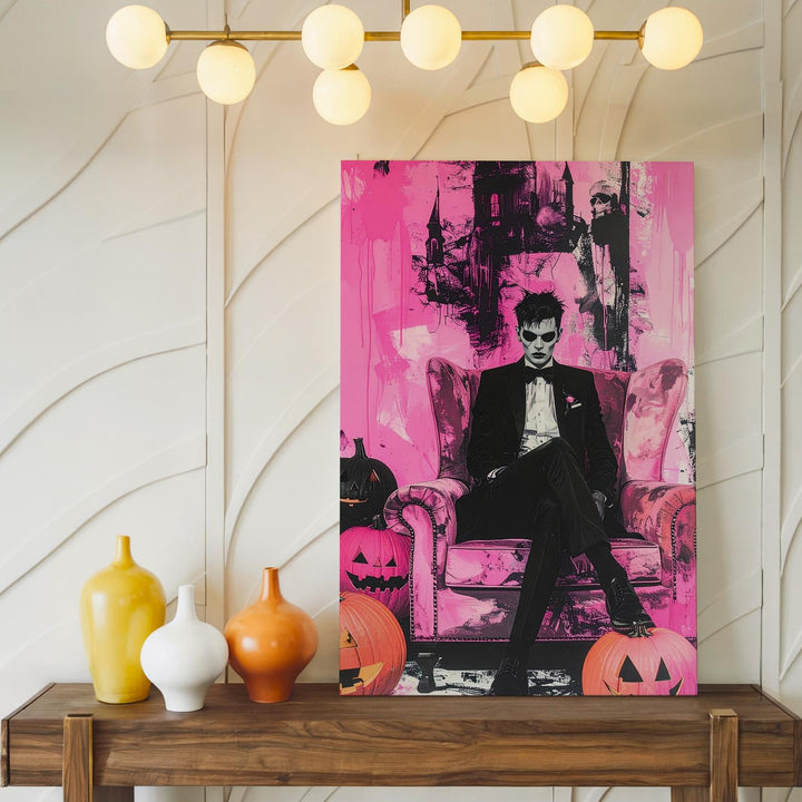 Gothic Halloween Portrait Canvas – Pink & Black Art with Jack-O’-Lanterns - Gifitto