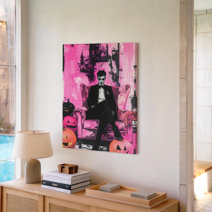 Gothic Halloween Portrait Canvas – Pink & Black Art with Jack-O’-Lanterns - Gifitto